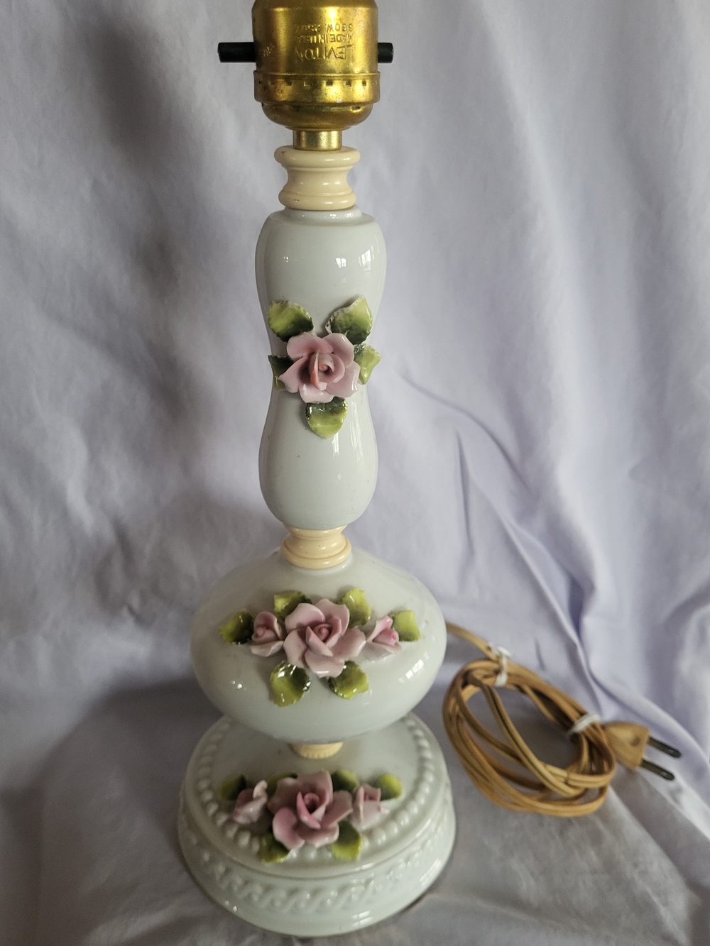 White Porcelain Table Lamp with Pink Rose Accents